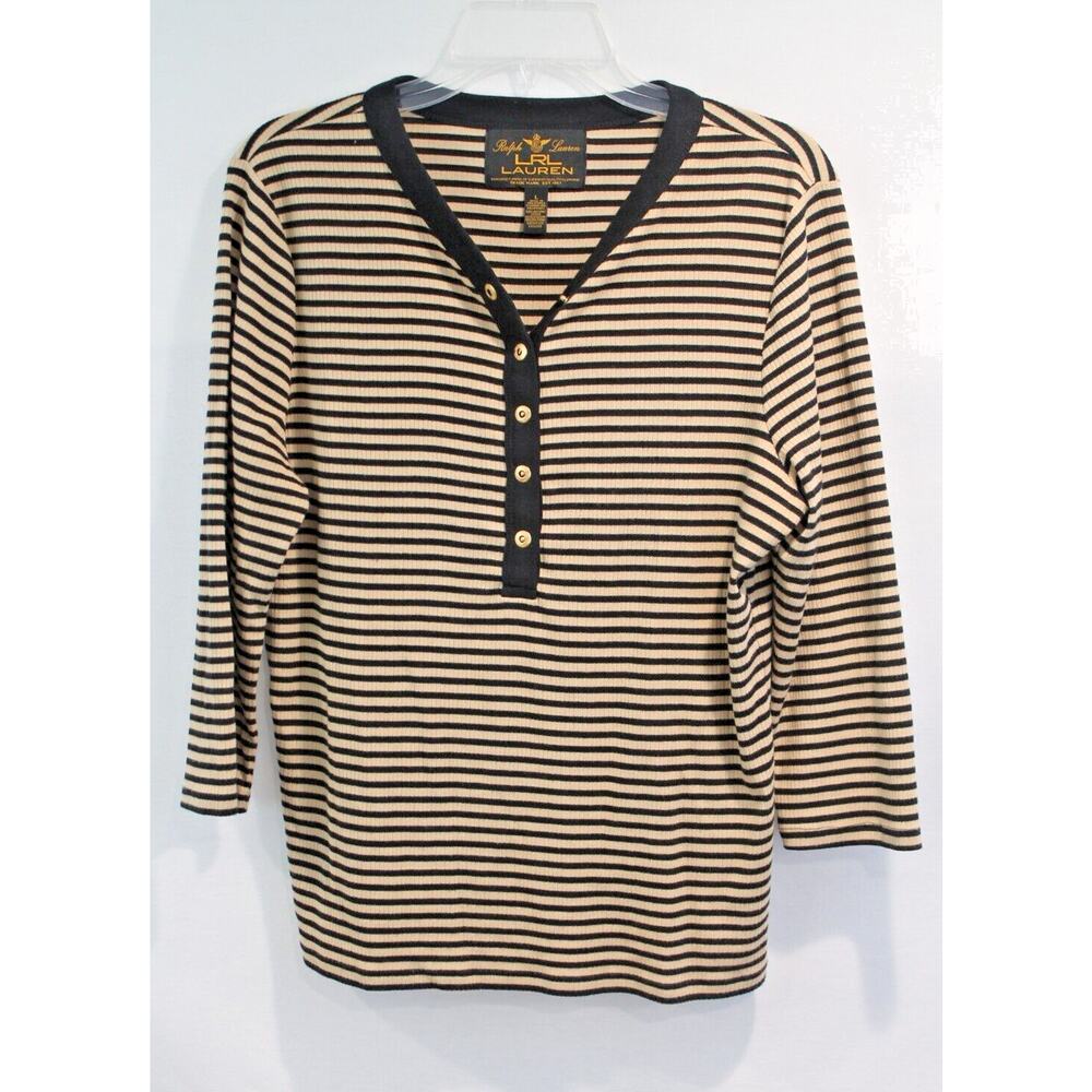 Lauren Ralph Lauren Henley Top Womens size L Beige Black Striped 3/4 Sleeve